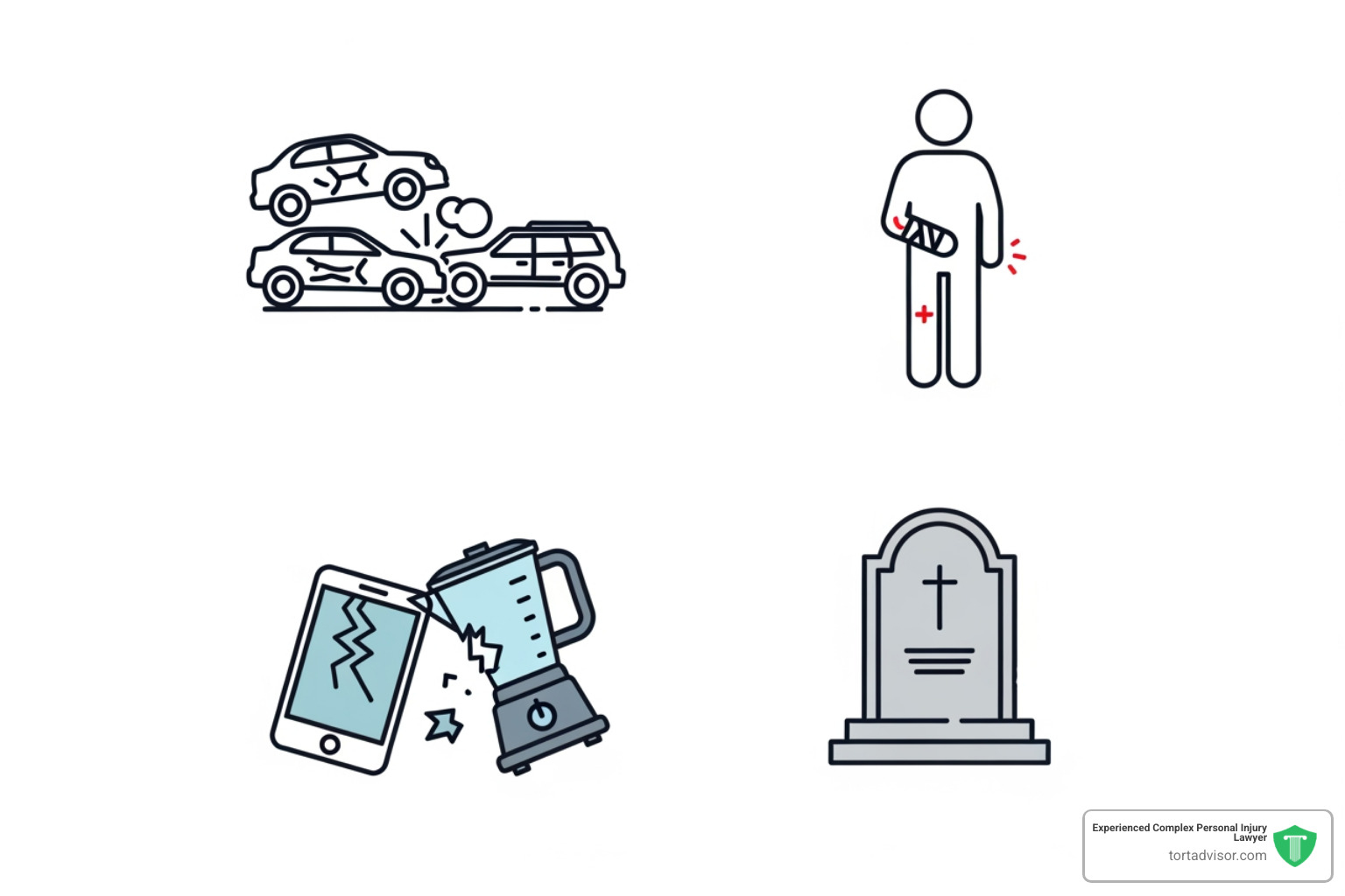 Icons representing different legal fields such as personal injury, catastrophic injury, defective products, wrongful death - North Carolina attorney Icons representing different legal fields such as personal injury, catastrophic injury, defective products, wrongful death - North Carolina attorney