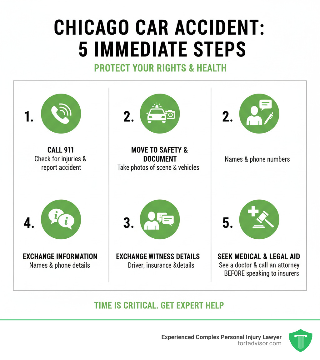 Infographic showing 5 immediate steps after a Chicago car accident: 1. Call 911 and check for injuries, 2. Move to safety and document the scene with photos, 3. Exchange driver and insurance information, 4. Collect witness contact details, 5. Seek medical attention even if you feel fine, then contact an attorney before speaking to insurance companies - best car accident attorney chicago infographic Infographic showing 5 immediate steps after a Chicago car accident: 1. Call 911 and check for injuries, 2. Move to safety and document the scene with photos, 3. Exchange driver and insurance information, 4. Collect witness contact details, 5. Seek medical attention even if you feel fine, then contact an attorney before speaking to insurance companies - best car accident attorney chicago infographic