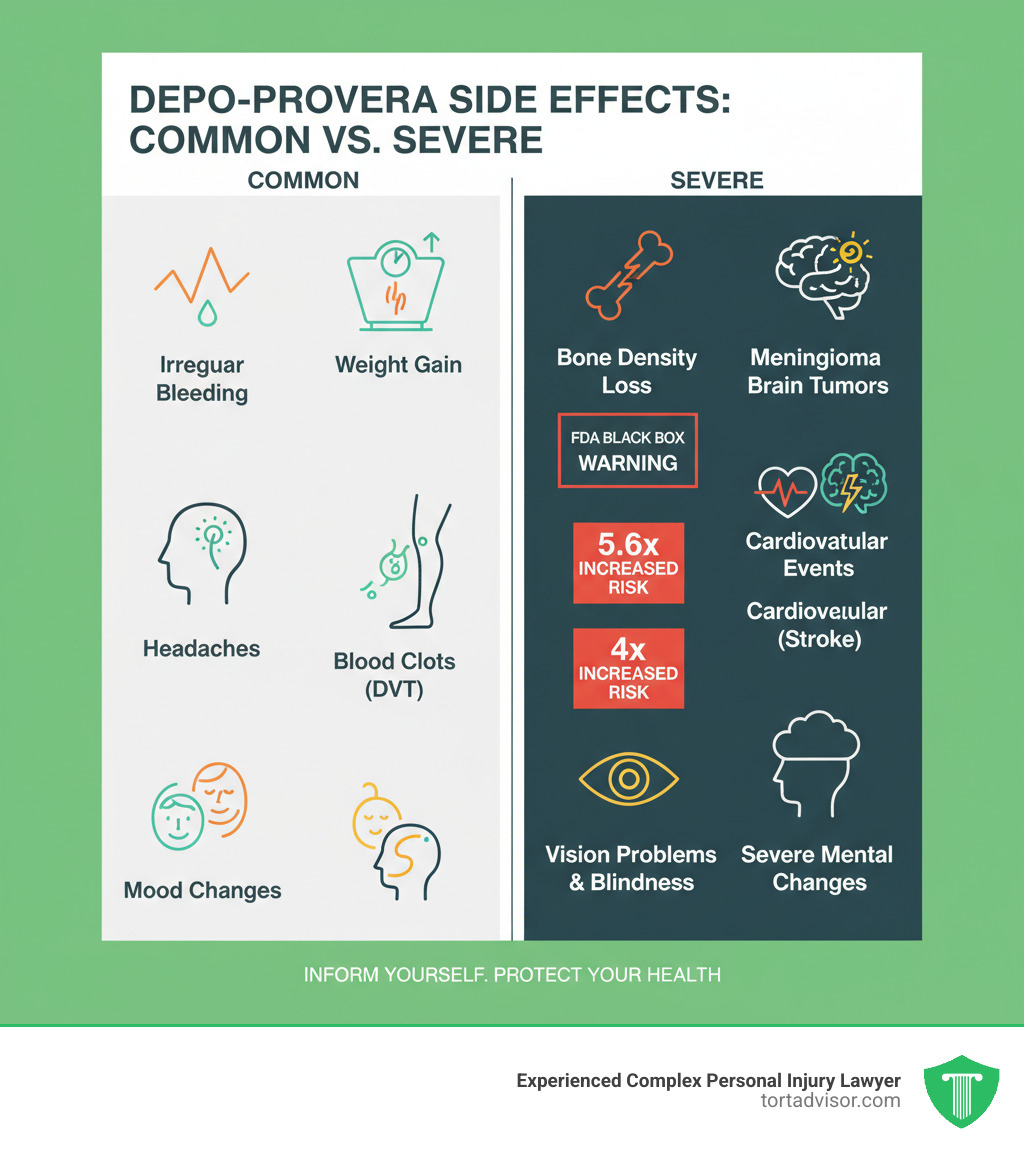 Infographic showing the difference between common Depo-Provera side effects (irregular bleeding, weight gain, headaches, mood changes) versus severe side effects (bone density loss with FDA Black Box Warning, meningioma brain tumors with 5.6x increased risk, blood clots/DVT with 4x increased risk, cardiovascular events including stroke, vision problems and potential blindness, and severe mental health changes). The infographic uses a visual comparison with two columns, icons representing each side effect type, and risk statistics clearly displayed. - Depo-Provera severe side effects infographic Infographic showing the difference between common Depo-Provera side effects (irregular bleeding, weight gain, headaches, mood changes) versus severe side effects (bone density loss with FDA Black Box Warning, meningioma brain tumors with 5.6x increased risk, blood clots/DVT with 4x increased risk, cardiovascular events including stroke, vision problems and potential blindness, and severe mental health changes). The infographic uses a visual comparison with two columns, icons representing each side effect type, and risk statistics clearly displayed. - Depo-Provera severe side effects infographic