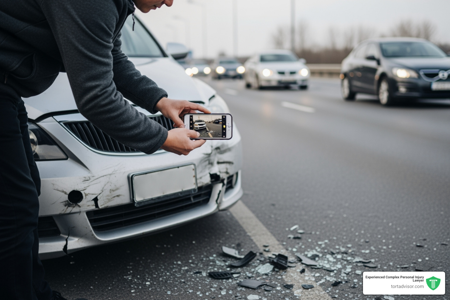Person taking photos of car damage with smartphone at accident scene - best car accident attorney chicago Person taking photos of car damage with smartphone at accident scene - best car accident attorney chicago