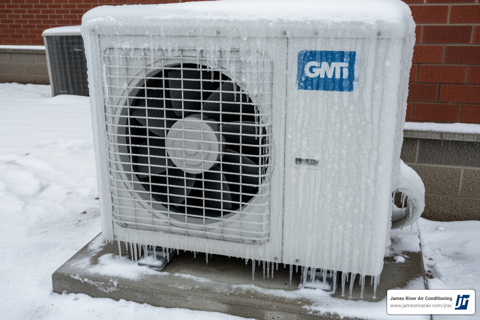 A heat pump outdoor unit covered in a thick layer of ice, indicating a severe malfunction that requires immediate attention. - 24 hour heat pump service in chester, va