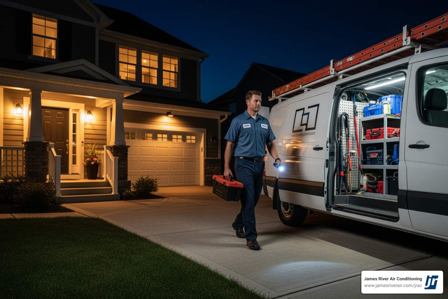 A professional HVAC technician in a James River Air Conditioning uniform arriving at a homeowner's driveway at night, with a well-lit service van. - 24 hour heat pump service in chester, va