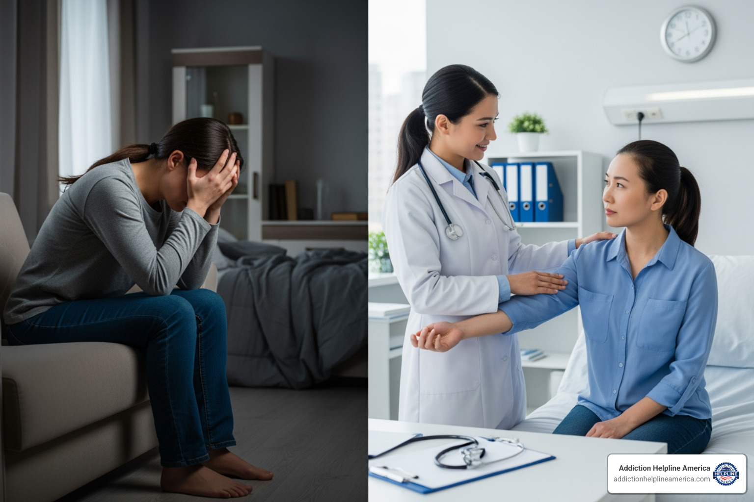 A split image: on the left, a person alone and distressed at home; on the right, a patient in a clean, clinical setting with a medical professional offering support. - detox program near me A split image: on the left, a person alone and distressed at home; on the right, a patient in a clean, clinical setting with a medical professional offering support. - detox program near me