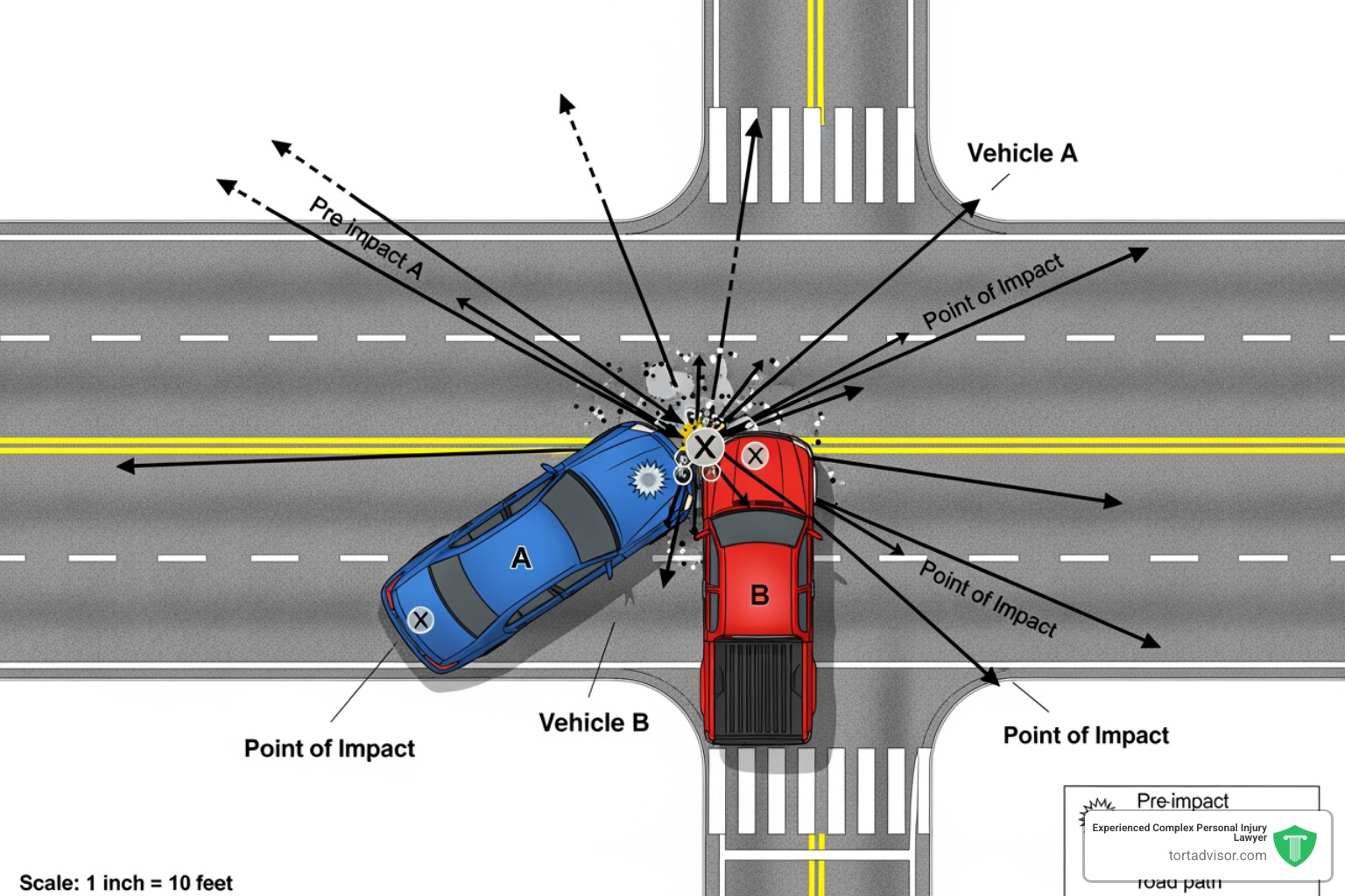 Accident reconstruction diagram showing vehicle impact points - best car accident attorney chicago Accident reconstruction diagram showing vehicle impact points - best car accident attorney chicago