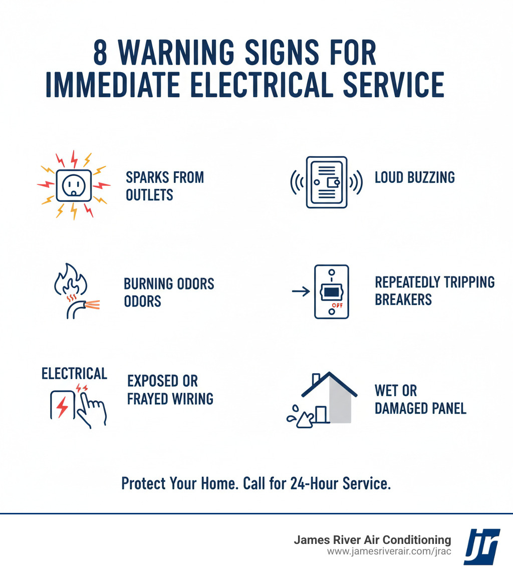 Infographic showing 8 warning signs requiring immediate electrical service: sparks from outlets, burning odors near electrical equipment, exposed or frayed wiring, electrical shocks from switches or appliances, loud buzzing from electrical panel, circuit breakers tripping repeatedly, partial power loss in home, and wet or damaged electrical panel - 24 hour electrical service in midlothian, va infographic Infographic showing 8 warning signs requiring immediate electrical service: sparks from outlets, burning odors near electrical equipment, exposed or frayed wiring, electrical shocks from switches or appliances, loud buzzing from electrical panel, circuit breakers tripping repeatedly, partial power loss in home, and wet or damaged electrical panel - 24 hour electrical service in midlothian, va infographic