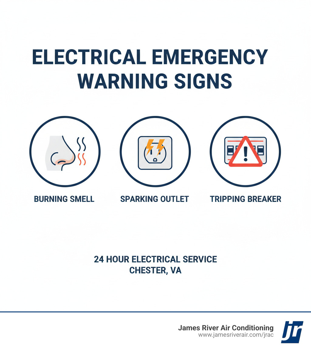 Infographic showing three warning signs of electrical emergencies: a nose icon with wavy lines indicating burning smell, an outlet with sparks, and a circuit breaker panel with a warning symbol - 24 hour electrical service in chester, va infographic Infographic showing three warning signs of electrical emergencies: a nose icon with wavy lines indicating burning smell, an outlet with sparks, and a circuit breaker panel with a warning symbol - 24 hour electrical service in chester, va infographic