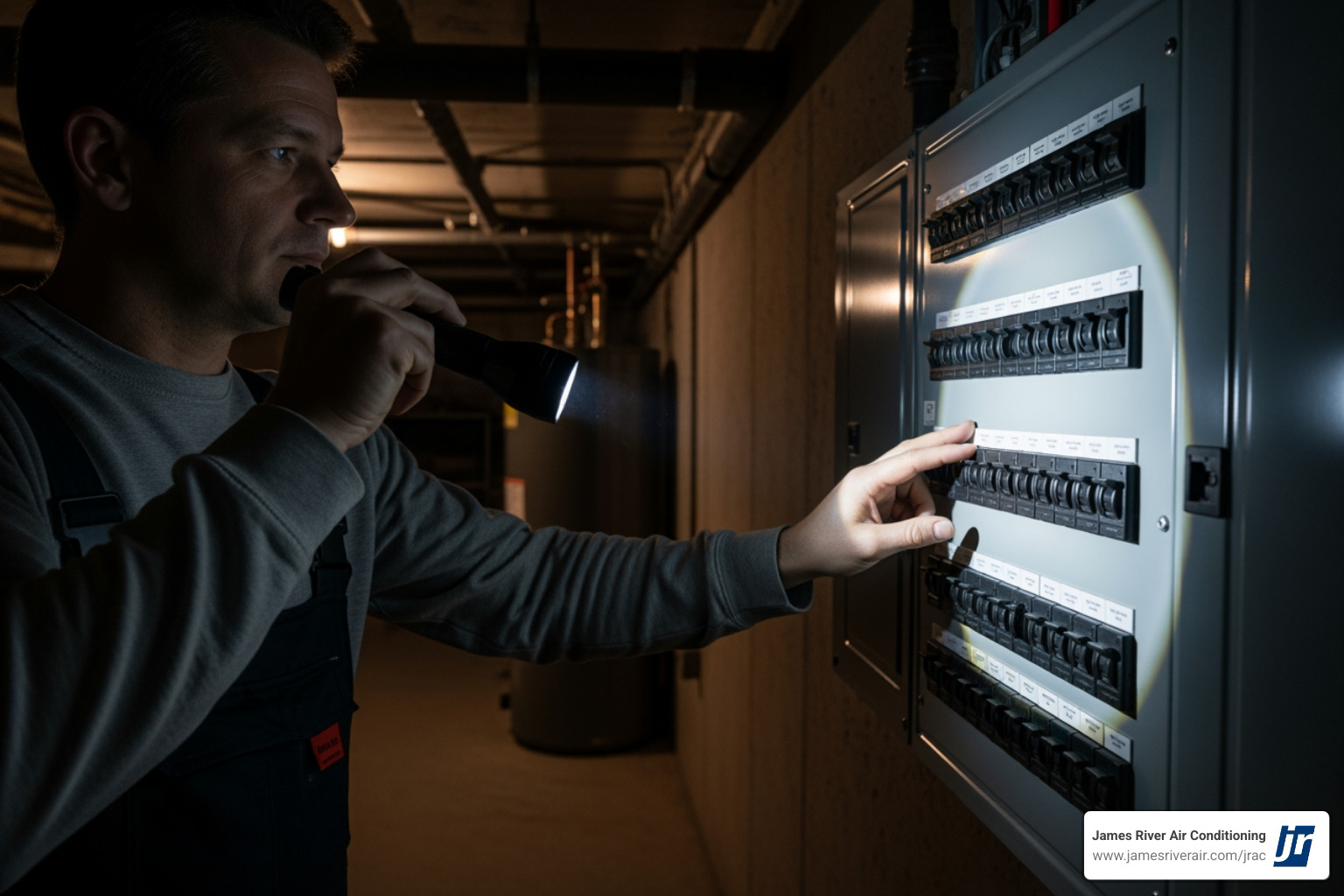 Person using a flashlight to turn off a main breaker switch - 24 hour electrical service in chester, va Person using a flashlight to turn off a main breaker switch - 24 hour electrical service in chester, va