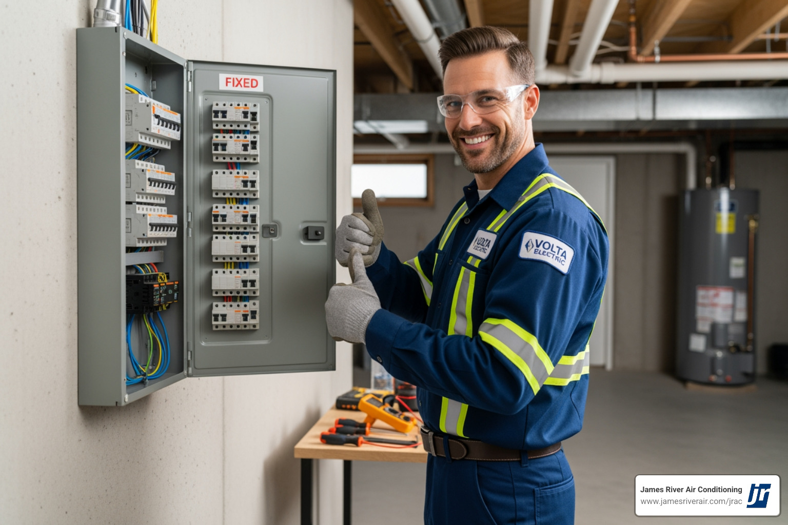Electrician giving a thumbs up after fixing an electrical panel - 24 hour electrical service in chester, va Electrician giving a thumbs up after fixing an electrical panel - 24 hour electrical service in chester, va