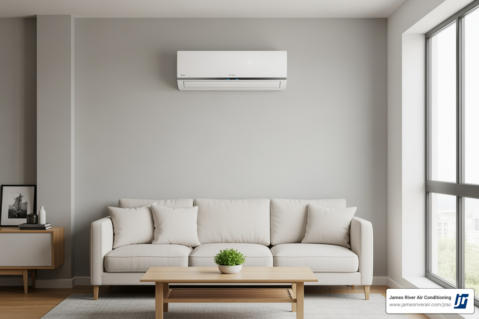 A modern, sleek ductless mini-split unit mounted on an interior wall in a home living space - affordable heat pump installation in petersburg, va