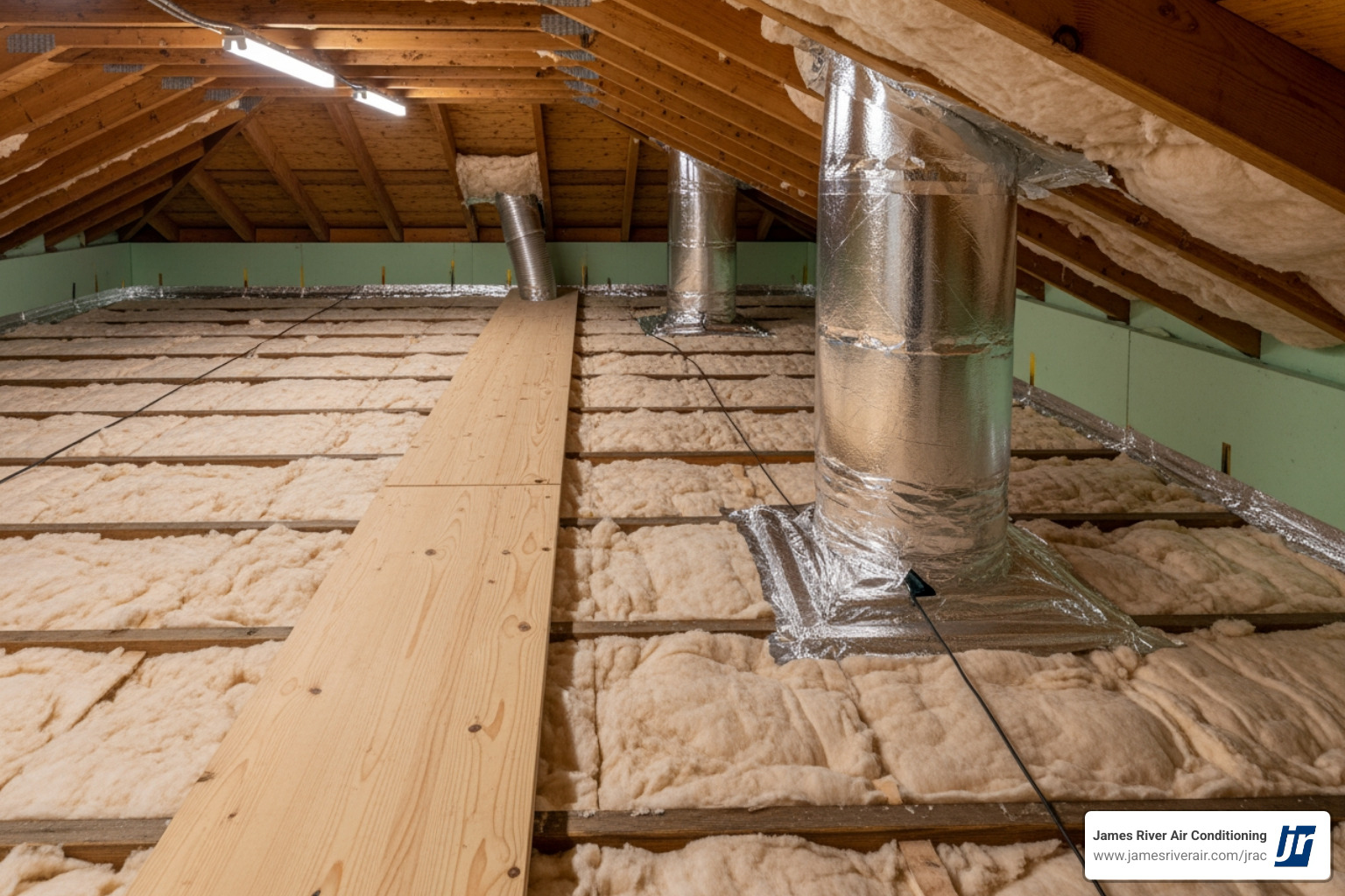 An insulated attic showing proper sealing and energy-efficient materials - affordable heat pump installation in petersburg, va