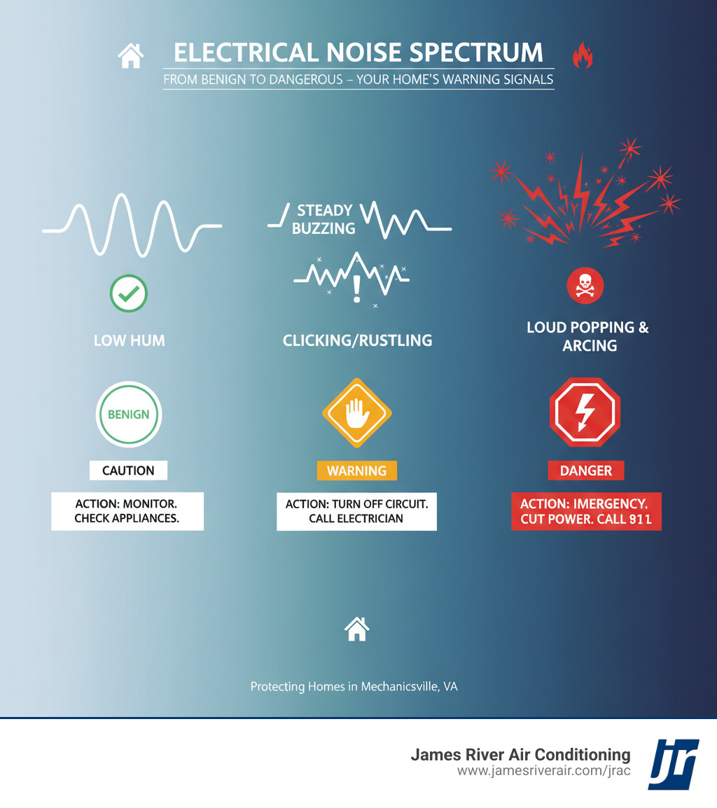 infographic showing spectrum of electrical noises from benign low hum on left to dangerous crackling and popping on right with safety indicators and action steps for each type - electrical making noise in mechanicsville, va infographic infographic showing spectrum of electrical noises from benign low hum on left to dangerous crackling and popping on right with safety indicators and action steps for each type - electrical making noise in mechanicsville, va infographic