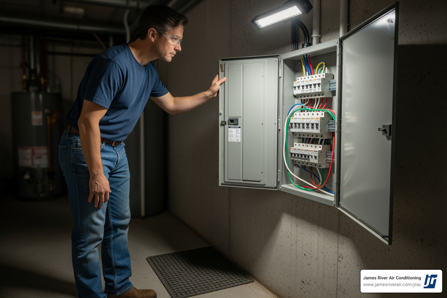 homeowner safely looking at their circuit breaker panel - electrical making noise in mechanicsville, va homeowner safely looking at their circuit breaker panel - electrical making noise in mechanicsville, va