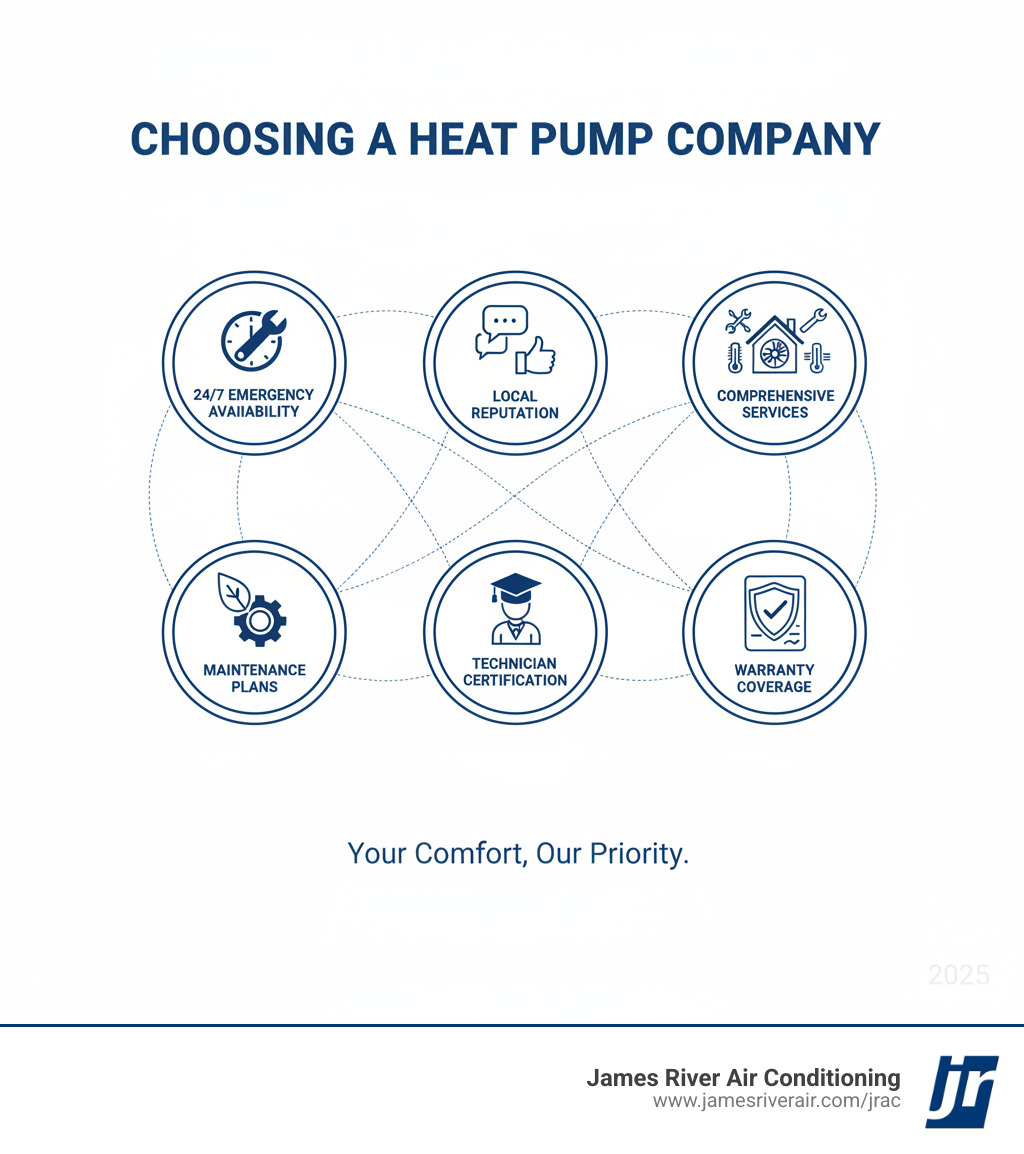 infographic showing factors to consider when choosing a heat pump company including emergency availability, local reputation, comprehensive services, maintenance plans, technician certification, and warranty coverage - best heat pump company in bon air, va infographic 