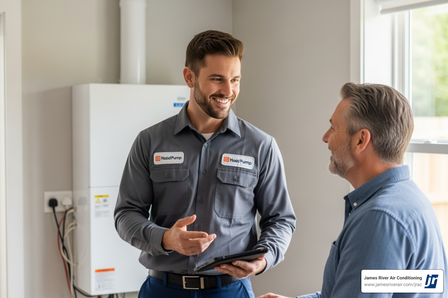 friendly technician speaking with a homeowner - 24 hour heat pump service in goochland, va
