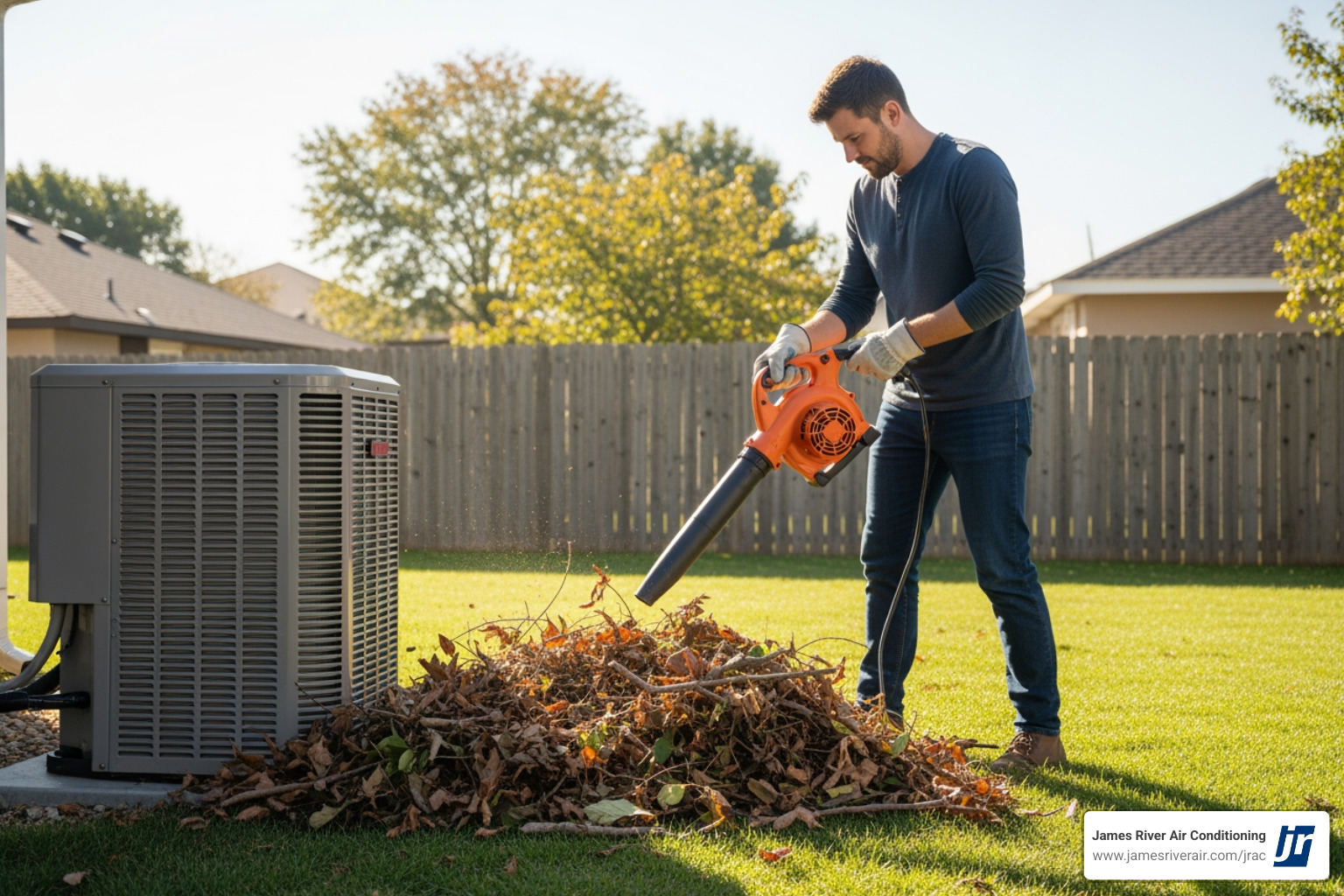 homeowner cleaning debris away from an outdoor heat pump unit - 24 hour heat pump service in goochland, va