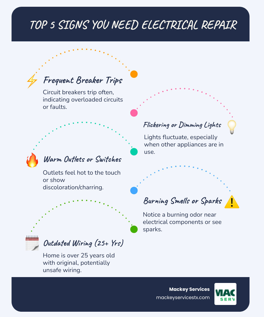Infographic showing the top 5 signs you need electrical repair: 1. Circuit breakers tripping frequently with icon of breaker panel, 2. Flickering or dimming lights with lightbulb icon, 3. Outlets that are warm or discolored with outlet icon, 4. Burning smell near electrical components with warning icon, 5. Home over 25 years old with original wiring shown as house icon with calendar - electrical repair seabrook infographic infographic-line-5-steps-blues-accent_colors