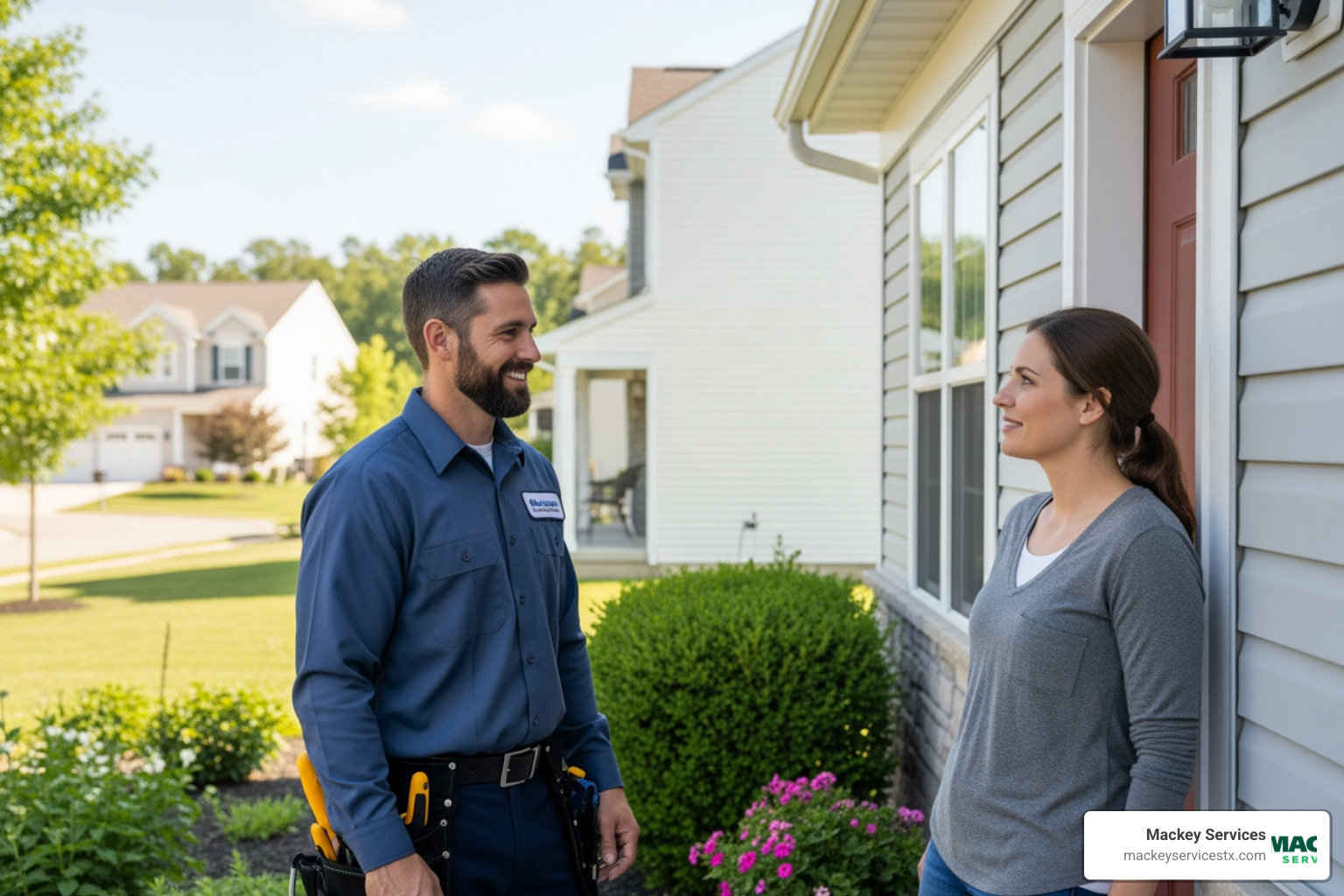 Friendly electrician talking with a homeowner at their front door - electrical repair seabrook
