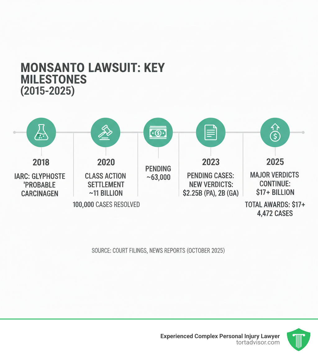 Timeline infographic showing key Monsanto lawsuit milestones from 2015 IARC classification through 2025 major verdicts, including settlement amounts and pending case numbers - Monsanto lawsuit news infographic Timeline infographic showing key Monsanto lawsuit milestones from 2015 IARC classification through 2025 major verdicts, including settlement amounts and pending case numbers - Monsanto lawsuit news infographic