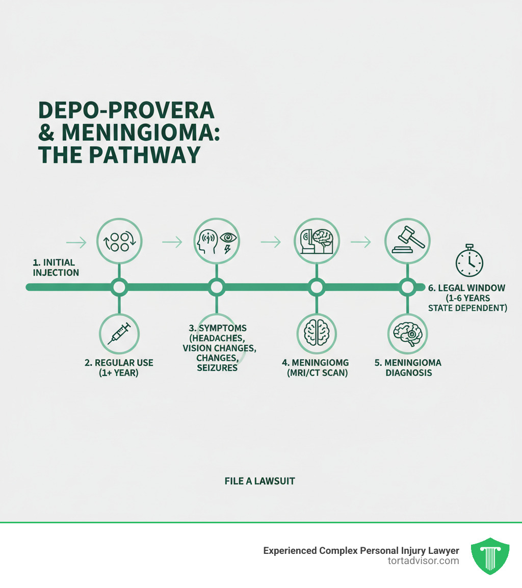 Infographic showing the pathway from Depo-Provera use to meningioma diagnosis: Starting with initial injection, continuing through regular quarterly shots for 1+ years, followed by symptom development (headaches, vision changes, seizures), leading to medical imaging (MRI/CT scan), formal meningioma diagnosis, and finally the 1-6 year window to file a lawsuit depending on state statute of limitations - Depo-Provera lawsuit eligibility infographic Infographic showing the pathway from Depo-Provera use to meningioma diagnosis: Starting with initial injection, continuing through regular quarterly shots for 1+ years, followed by symptom development (headaches, vision changes, seizures), leading to medical imaging (MRI/CT scan), formal meningioma diagnosis, and finally the 1-6 year window to file a lawsuit depending on state statute of limitations - Depo-Provera lawsuit eligibility infographic
