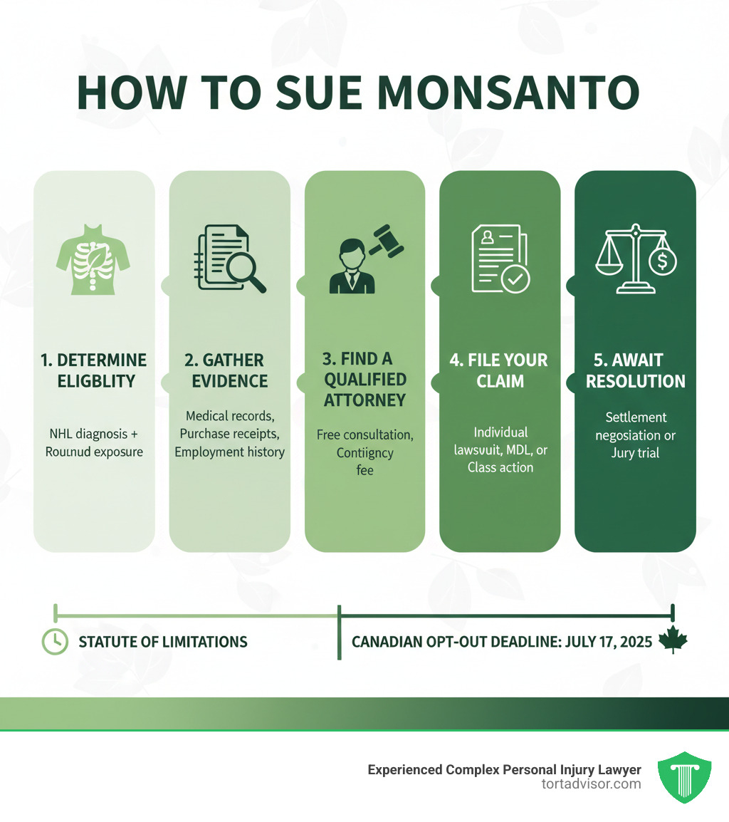 Infographic showing the step-by-step process to sue Monsanto: 1) Determine eligibility (NHL diagnosis + Roundup exposure), 2) Gather evidence (medical records, purchase receipts, employment history), 3) Find a qualified mass tort attorney (free consultation, contingency fee), 4) File your claim (individual lawsuit, MDL, or class action), 5) Await resolution (settlement negotiation or jury trial), with a timeline showing key deadlines including statute of limitations and Canadian opt-out deadline of July 17, 2025 - How to sue Monsanto infographic 