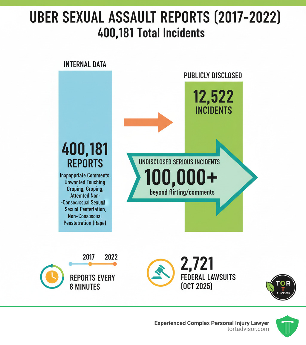 infographic showing the breakdown of Uber's 400,181 sexual assault reports from 2017-2022, comparing internal data versus publicly disclosed figures, with categories ranging from inappropriate comments to rape, and highlighting the 100,000+ serious incidents that were not initially disclosed to the public - uber sexual assault cases infographic infographic showing the breakdown of Uber's 400,181 sexual assault reports from 2017-2022, comparing internal data versus publicly disclosed figures, with categories ranging from inappropriate comments to rape, and highlighting the 100,000+ serious incidents that were not initially disclosed to the public - uber sexual assault cases infographic