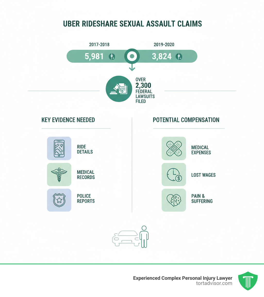 Infographic showing Uber sexual assault statistics and claim process: 5,981 reports in 2017-2018, 3,824 reports in 2019-2020, over 2,300 federal lawsuits filed, key evidence needed includes ride details, medical records, and police reports, compensation may include medical expenses, lost wages, and pain and suffering - uber sexual assault claim infographic 