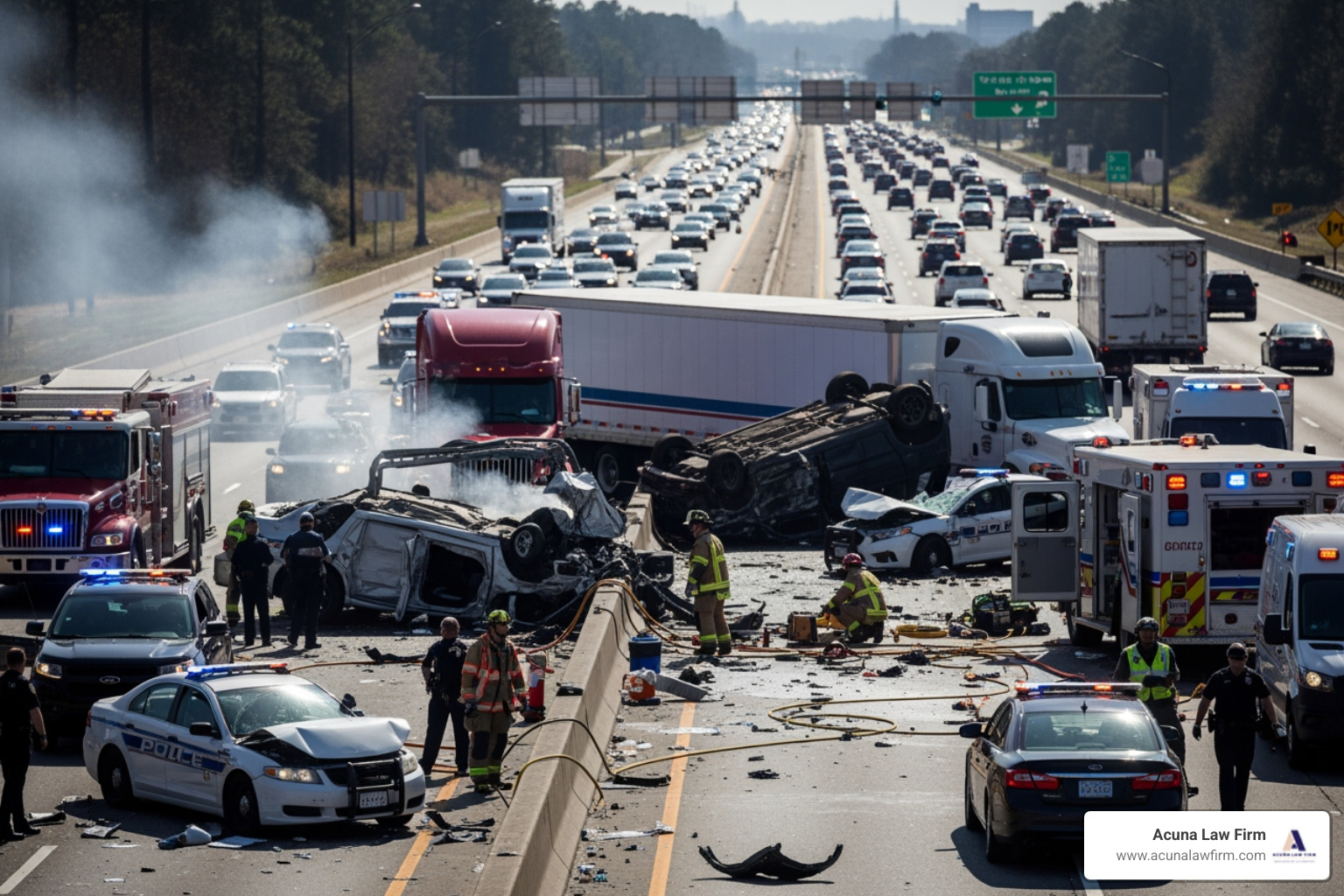 multi-car accident scene on a highway - family death lawyer