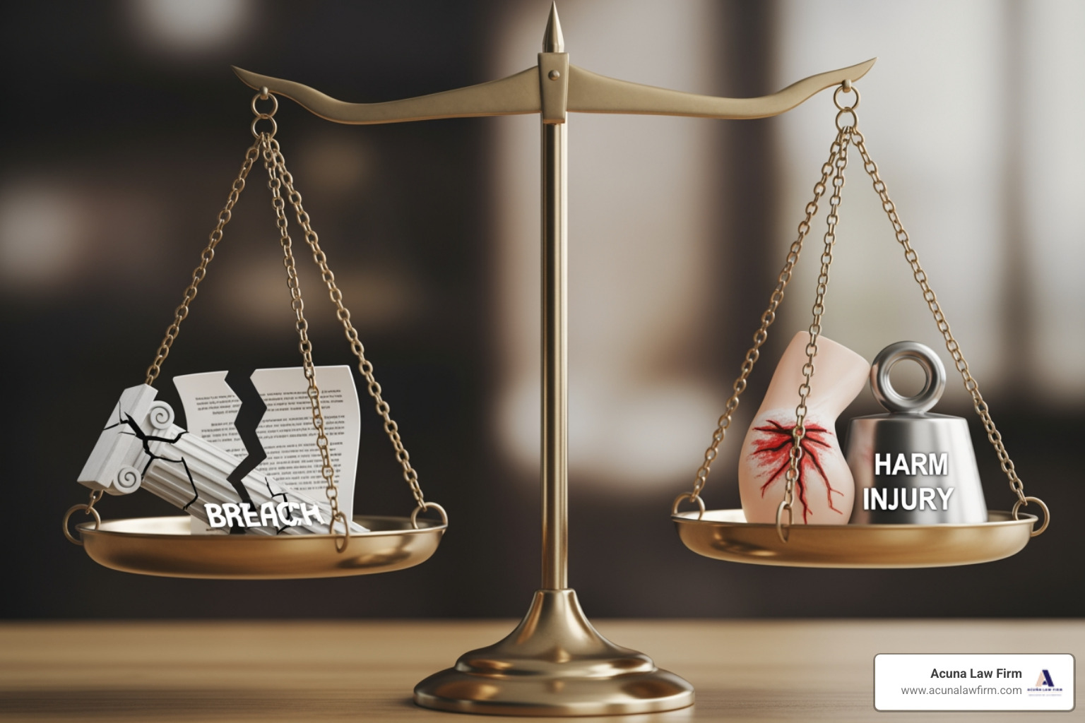 Scales of justice balancing 'Breach' and 'Harm' - misdiagnosis lawsuit attorney