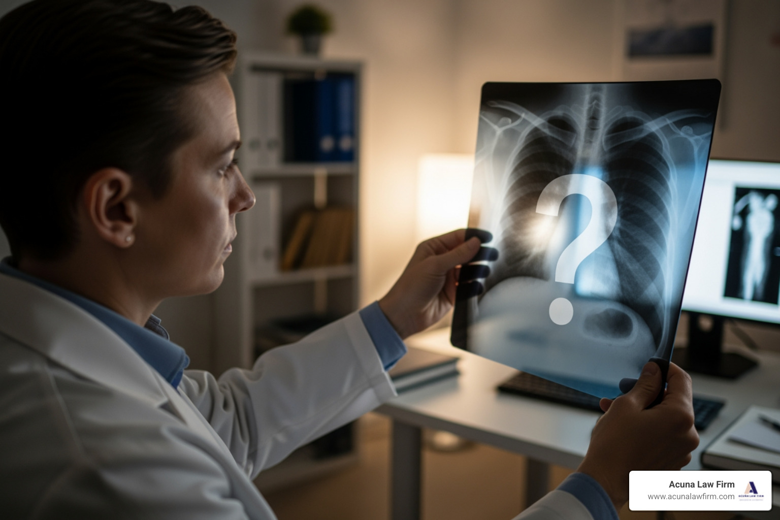 A doctor looking at an x-ray with a question mark over it - misdiagnosis lawsuit attorney