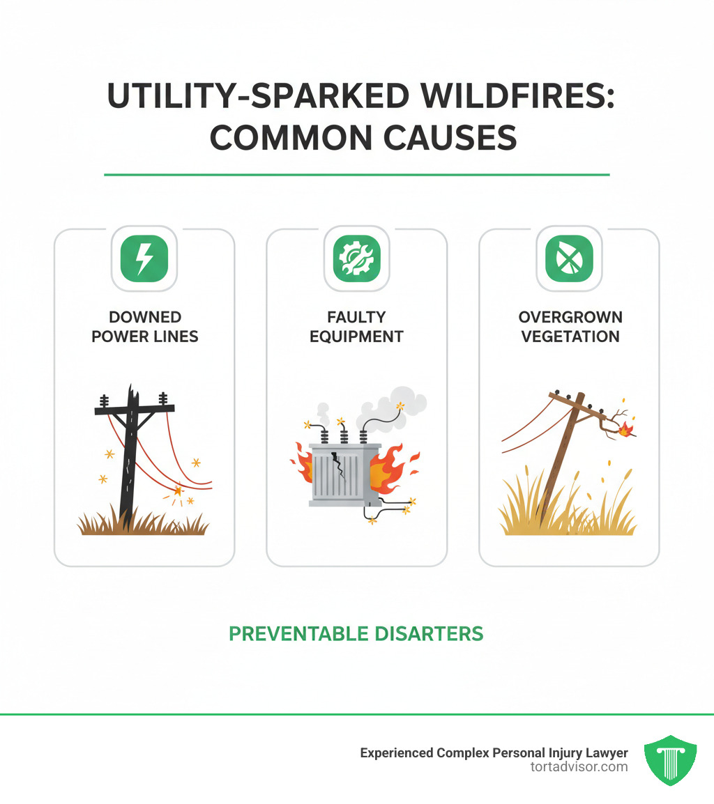 Infographic explaining the common causes of utility-sparked wildfires, such as downed power lines and faulty equipment - best wildfire lawsuit attorneys in california infographic Infographic explaining the common causes of utility-sparked wildfires, such as downed power lines and faulty equipment - best wildfire lawsuit attorneys in california infographic