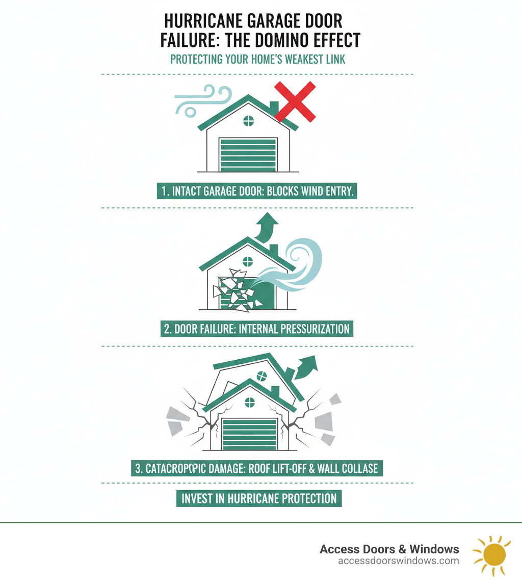 infographic explaining how garage door failure leads to roof lift-off and catastrophic structural damage - hurricane impact garage doors infographic infographic explaining how garage door failure leads to roof lift-off and catastrophic structural damage - hurricane impact garage doors infographic