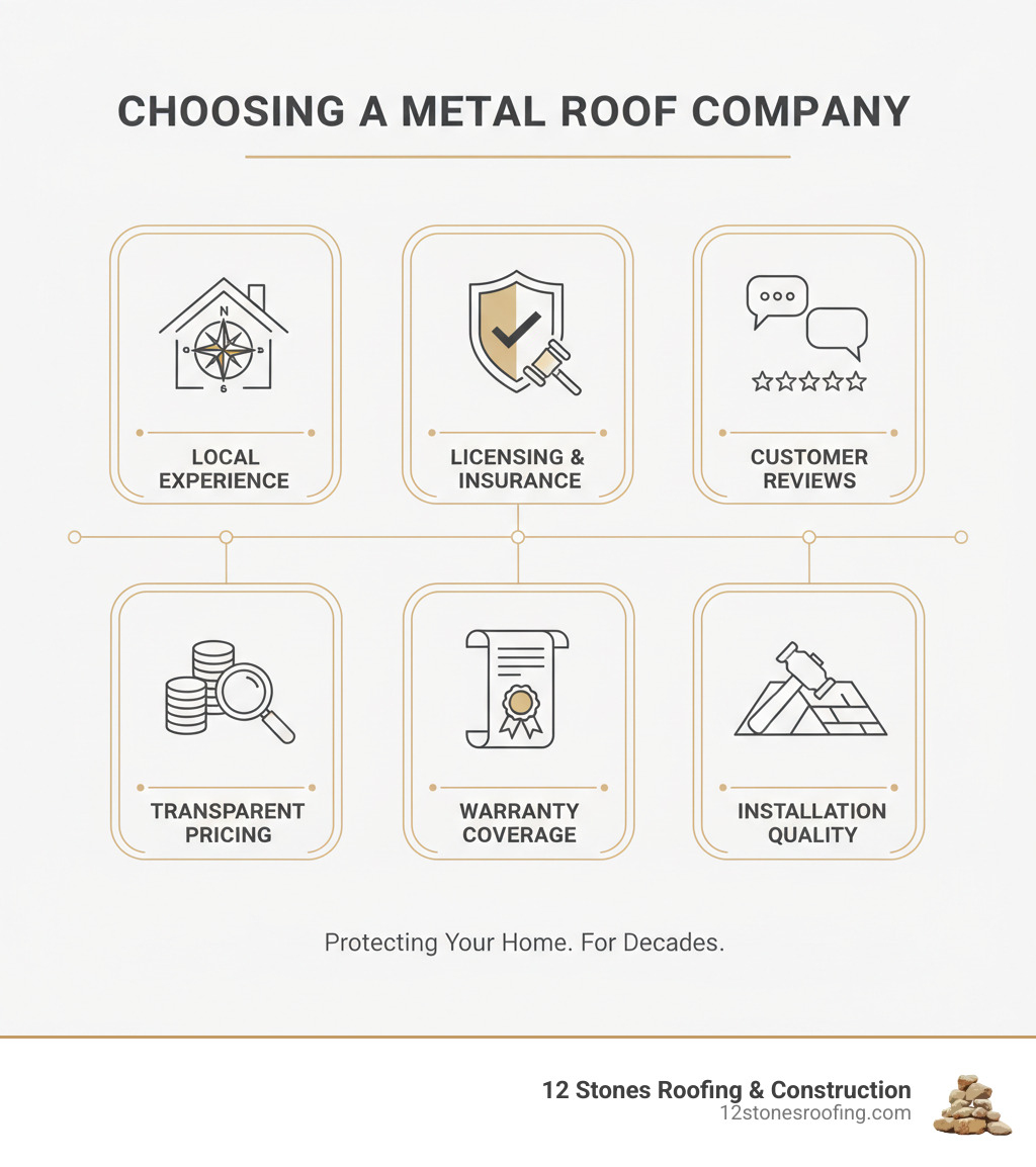 infographic showing key factors in choosing a metal roof replacement company: local experience, licensing and insurance, customer reviews, transparent pricing, warranty coverage, and installation quality - metal roof replacement company infographic infographic showing key factors in choosing a metal roof replacement company: local experience, licensing and insurance, customer reviews, transparent pricing, warranty coverage, and installation quality - metal roof replacement company infographic
