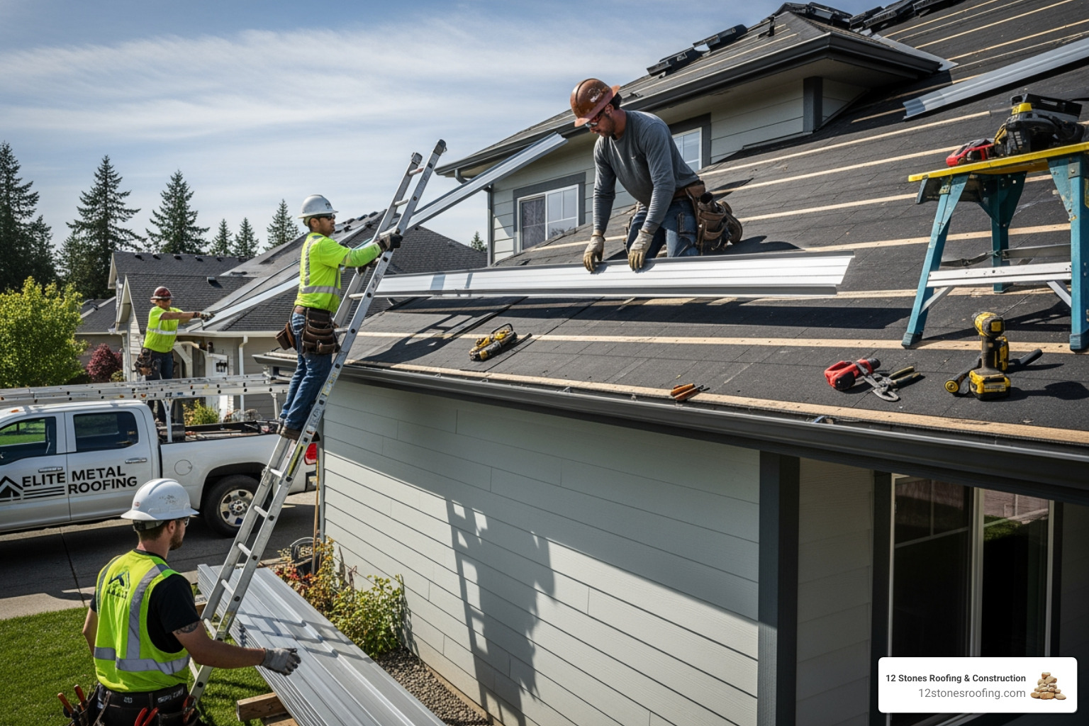 professional crew installing a metal roof on a residential property - metal roof replacement company professional crew installing a metal roof on a residential property - metal roof replacement company