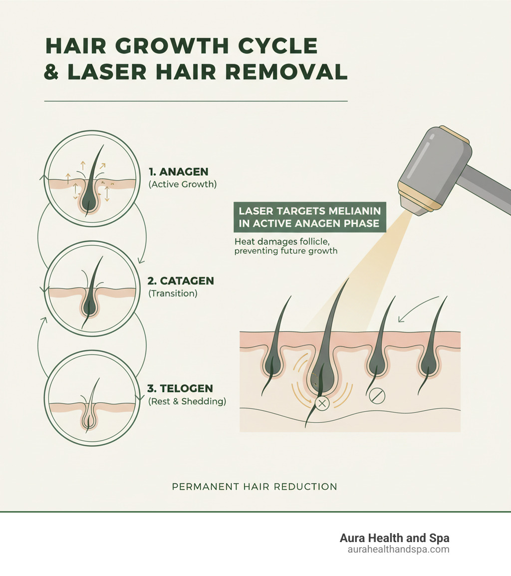 Infographic showing the hair growth cycle with three phases (anagen, catagen, telogen) and how laser energy targets follicles during the active growth phase for permanent reduction - laser hair removal clinic infographic 