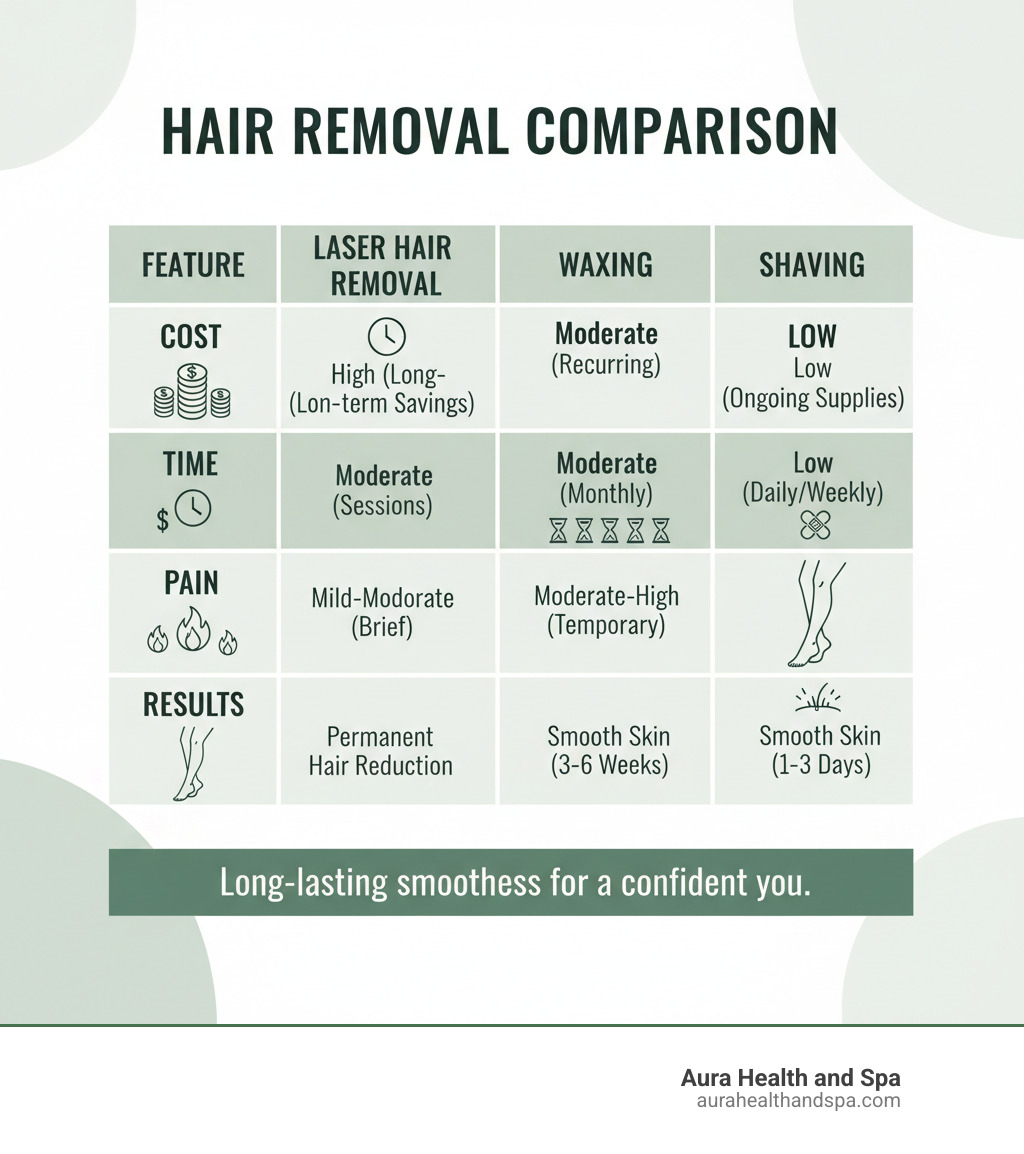 Table comparing Laser Hair Removal vs. Waxing vs. Shaving on cost, time, pain, and results - laser hair removal clinic infographic 