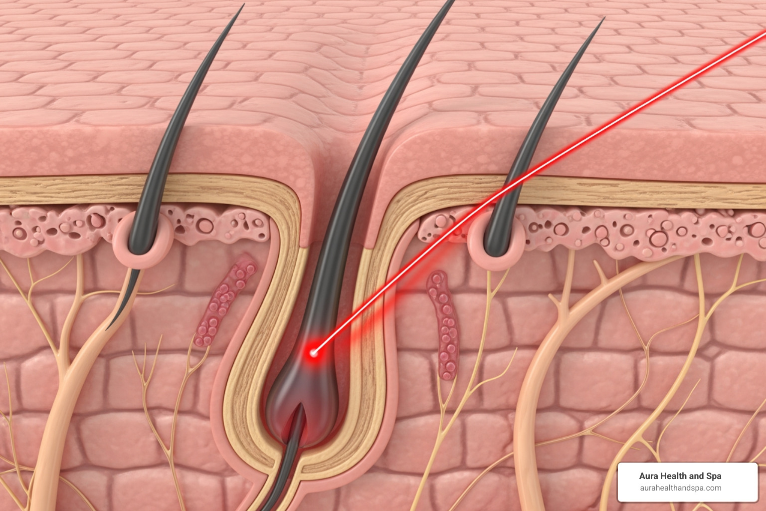 Image illustrating a laser beam targeting a hair follicle within the skin - laser hair removal clinic