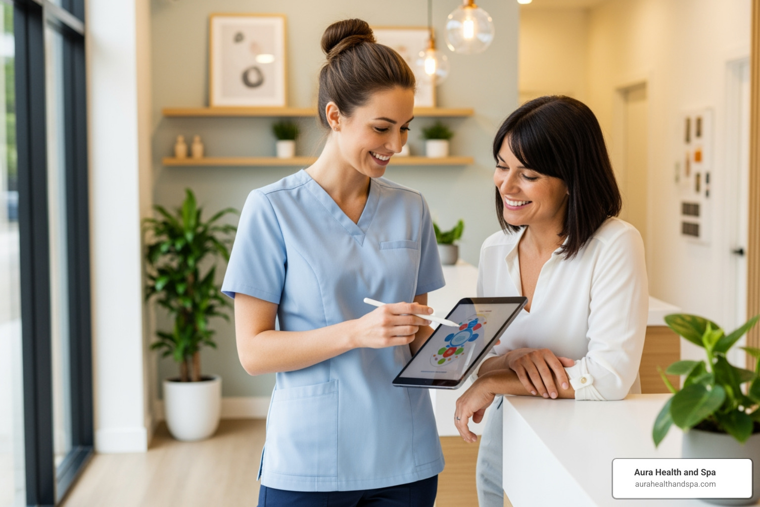 Image of a friendly consultation between a client and a technician - laser hair removal clinic
