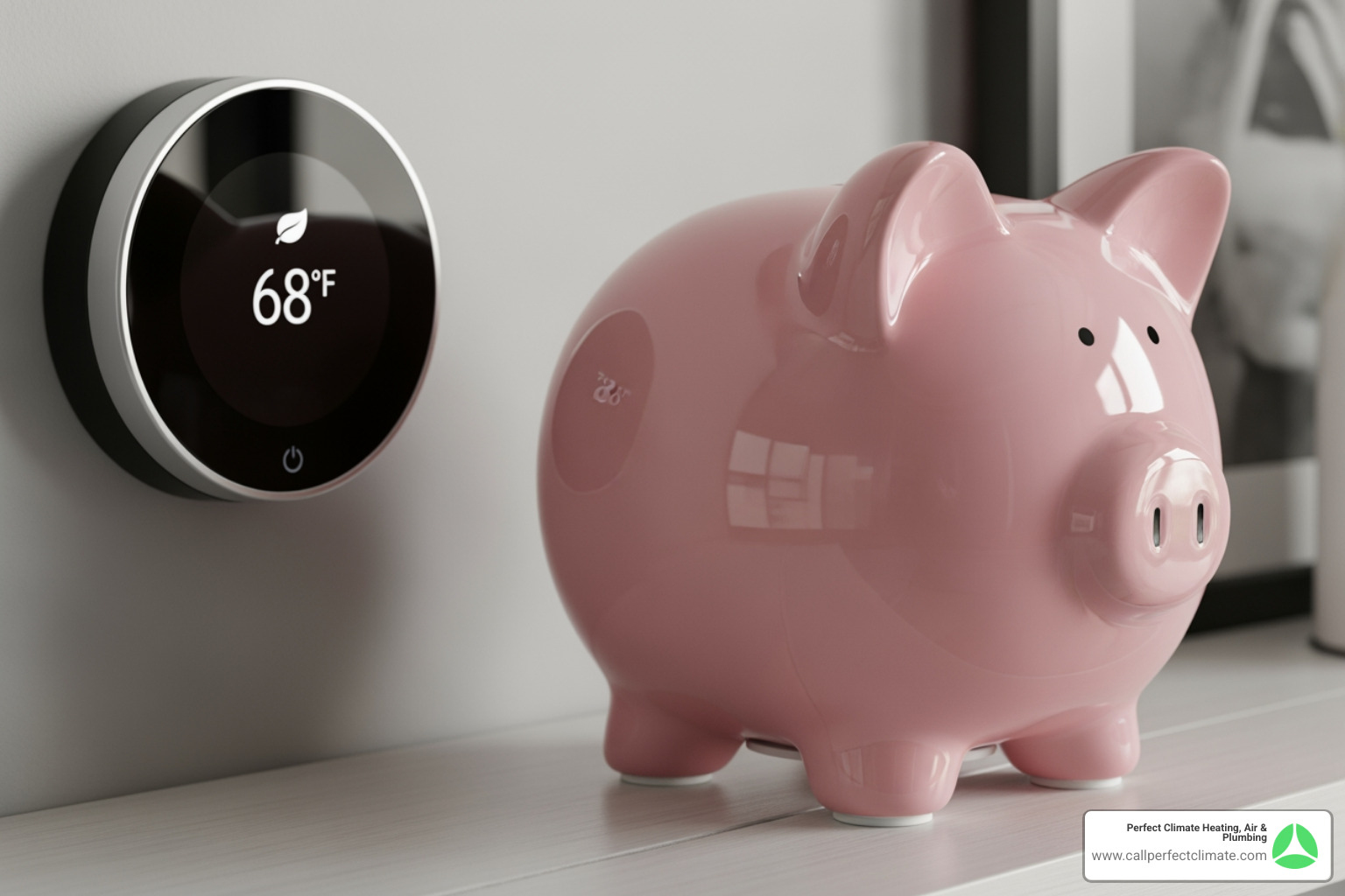 piggy bank next to a modern smart thermostat displaying an energy-saving temperature - heating maintenance in poseyville in