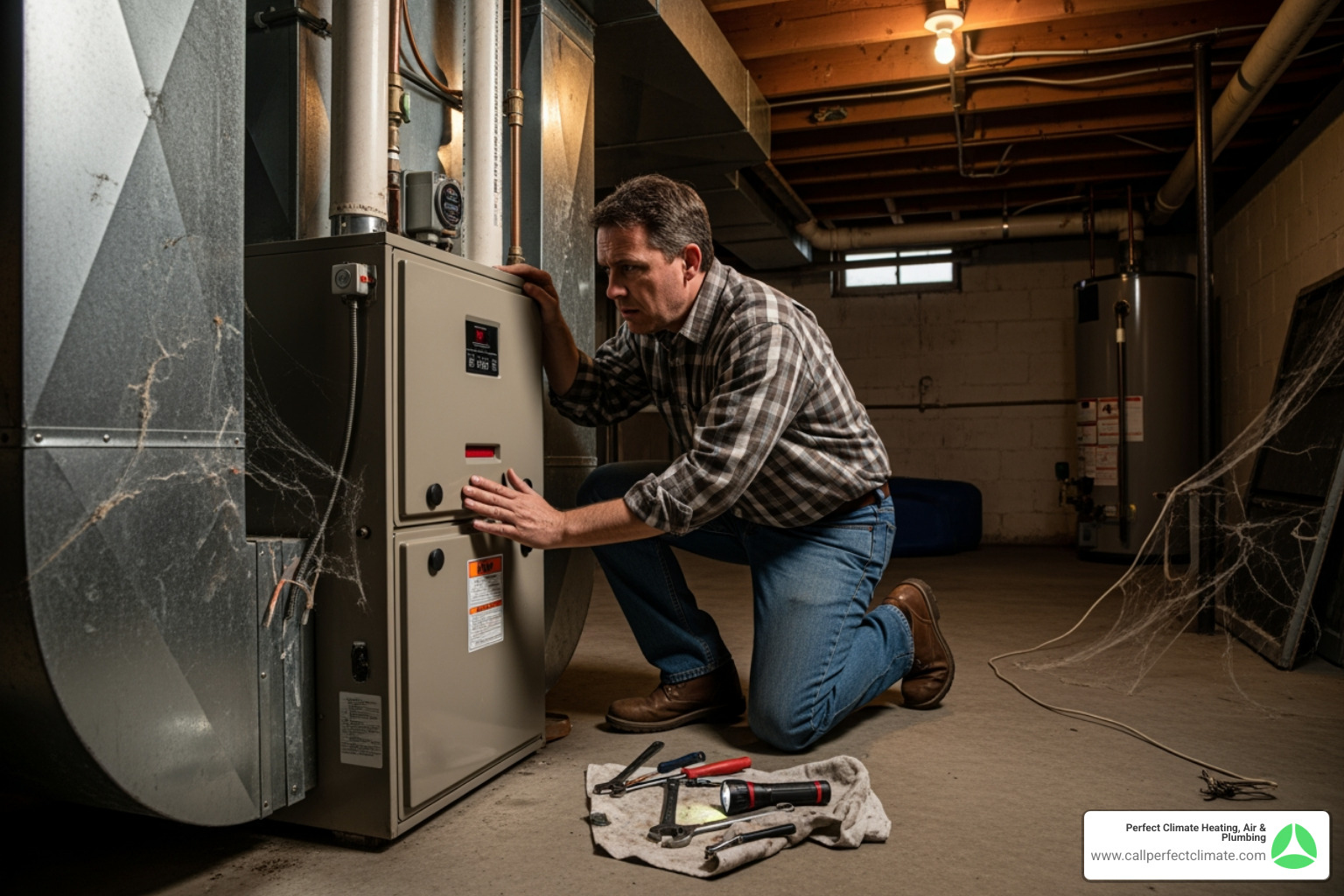 homeowner looking concerned at a noisy furnace unit - heating maintenance in poseyville in