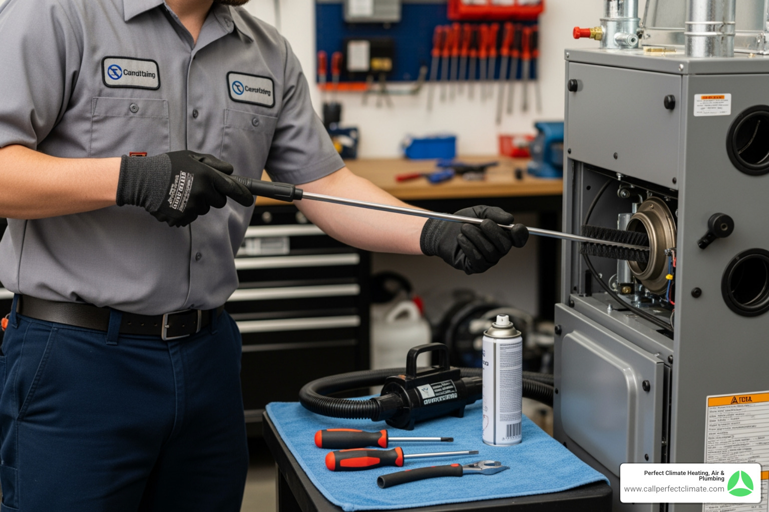 certified technician cleaning a furnace burner with professional tools - heating maintenance in poseyville in