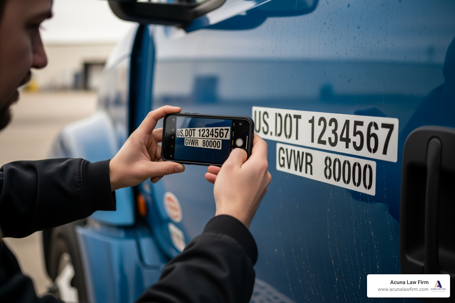 person taking a photo of a truck's DOT number on its door - big rig accident attorney near me