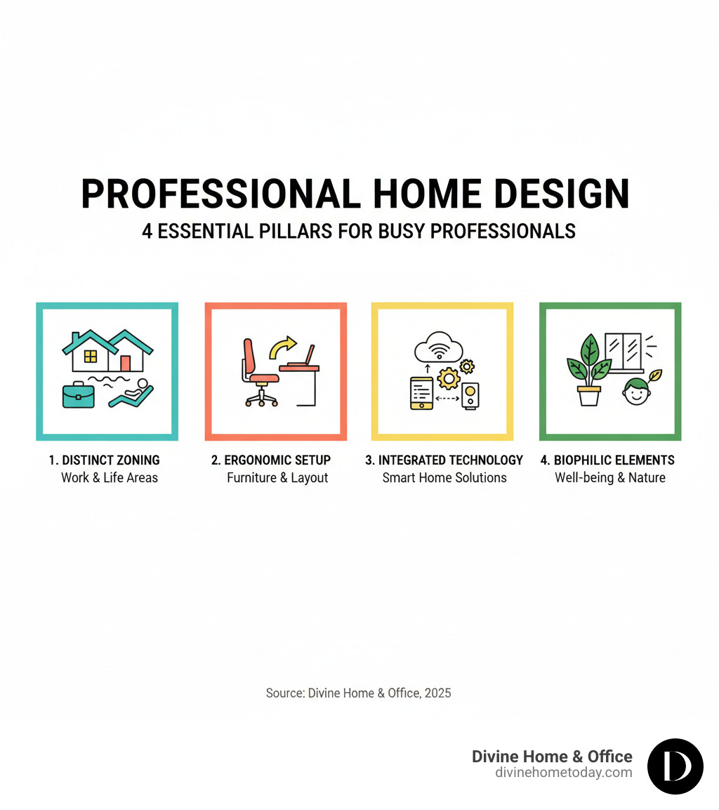 infographic showing the 4 pillars of professional home design: distinct zoning for work and life areas, ergonomic furniture and layout, integrated smart technology, and biophilic elements for well-being - interior design for busy professionals infographic infographic showing the 4 pillars of professional home design: distinct zoning for work and life areas, ergonomic furniture and layout, integrated smart technology, and biophilic elements for well-being - interior design for busy professionals infographic