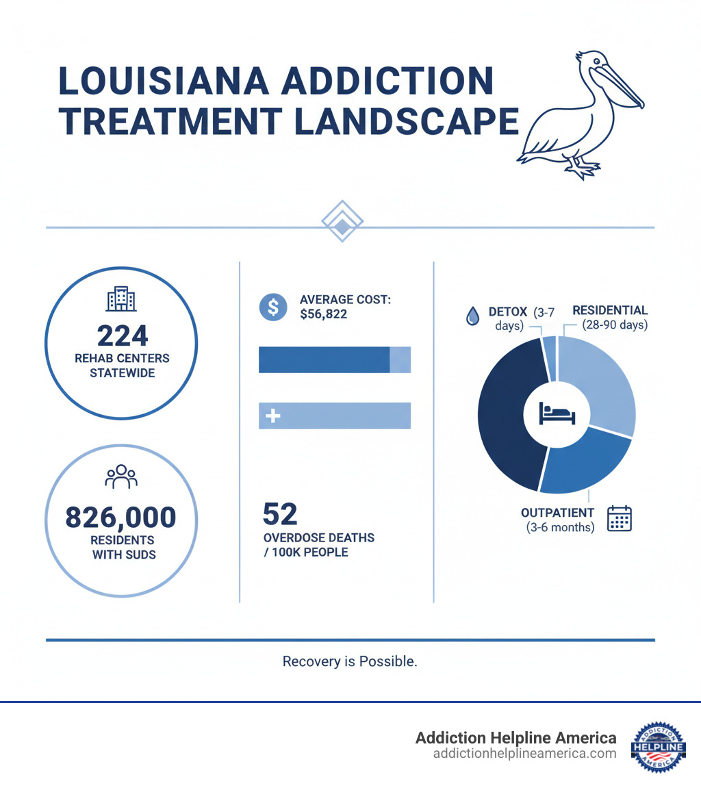 Infographic showing Louisiana addiction treatment landscape: 224 rehab centers statewide, 826,000 residents with substance use disorders, average treatment cost of $56,822, 52 overdose deaths per 100,000 people, and breakdown of treatment types available including detox (3-7 days), residential programs (28-90 days), and outpatient care (3-6 months) - rehab centers in louisiana infographic Infographic showing Louisiana addiction treatment landscape: 224 rehab centers statewide, 826,000 residents with substance use disorders, average treatment cost of $56,822, 52 overdose deaths per 100,000 people, and breakdown of treatment types available including detox (3-7 days), residential programs (28-90 days), and outpatient care (3-6 months) - rehab centers in louisiana infographic