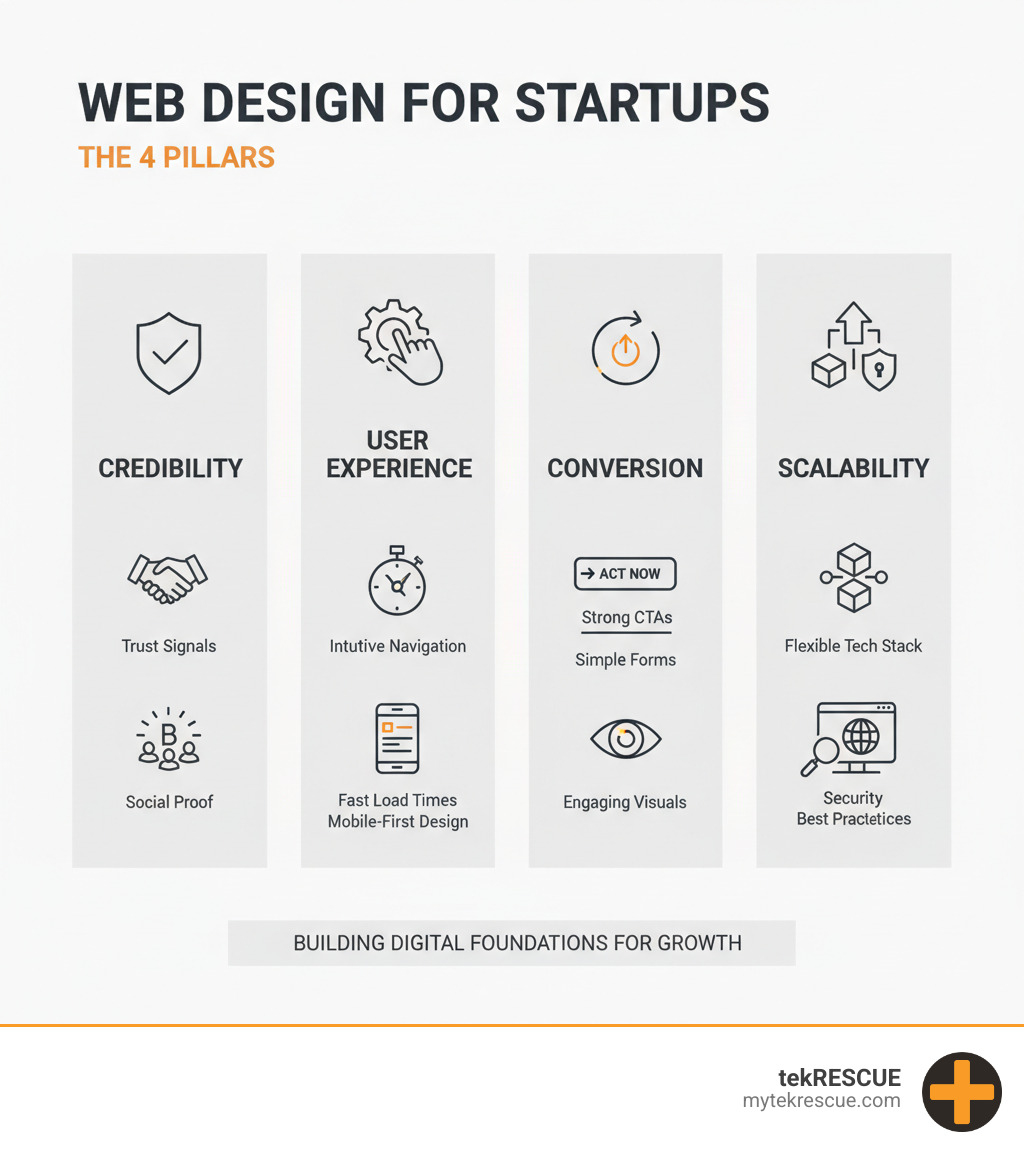 Infographic showing the four pillars of effective web design for startups: Credibility (trust signals, clear branding, social proof), User Experience (intuitive navigation, fast load times, mobile-first design), Conversion (strong CTAs, simple forms, engaging visuals), and Scalability (flexible tech stack, SEO foundations, security best practices) - web design for startups infographic 