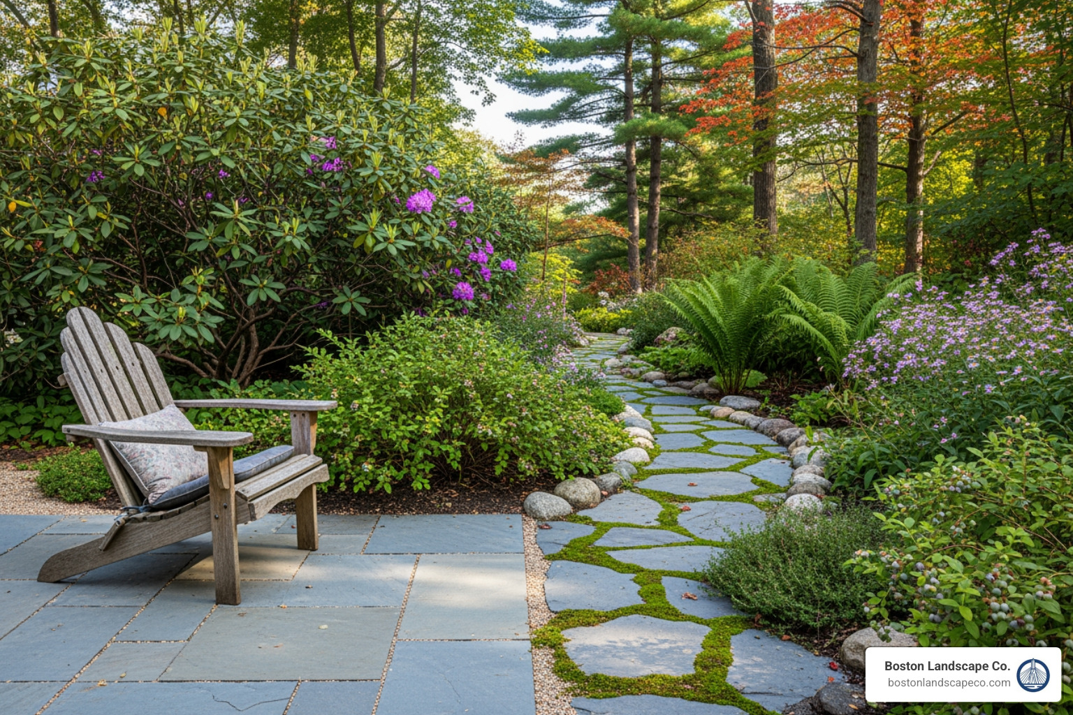 Bluestone patio seamlessly flowing into a garden path, surrounded by native New England plants - hardscaping and landscape design