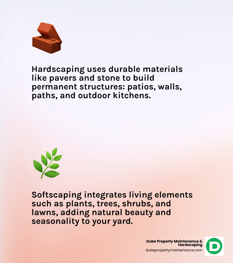 Infographic showing the core differences between hardscaping and softscaping: Hardscaping side displays patios (brick/stone surfaces), retaining walls (stacked stone structures), walkways (paver paths), and outdoor stairs. Softscaping side shows lawns (green grass), garden beds (colorful flowers and shrubs), trees (deciduous and evergreen), and mulched areas. Center text reads "Hardscaping = Permanent Structures" and "Softscaping = Living Elements" with icons representing durability for hardscaping and seasonal growth for softscaping. - hardscaper atkinson nh infographic 2_facts_emoji_light-gradient