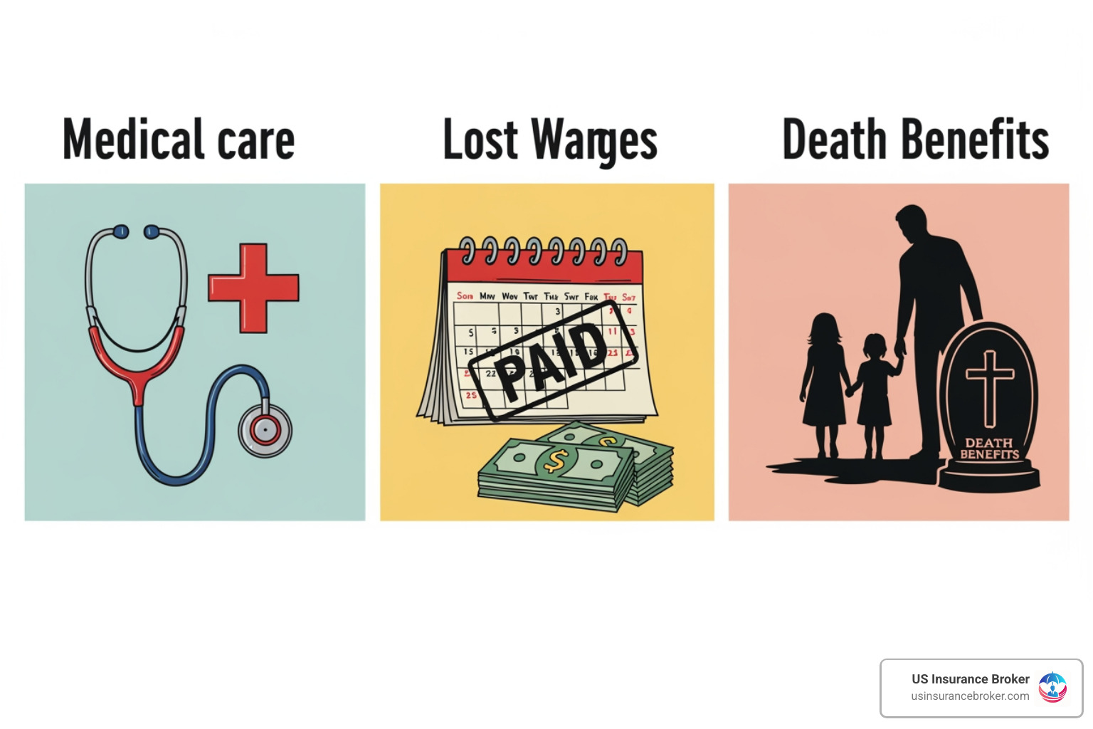 Illustration of the different categories of workers' comp benefits: Medical, Lost Wages, Death Benefits - how does workers compensation work in florida Illustration of the different categories of workers' comp benefits: Medical, Lost Wages, Death Benefits - how does workers compensation work in florida