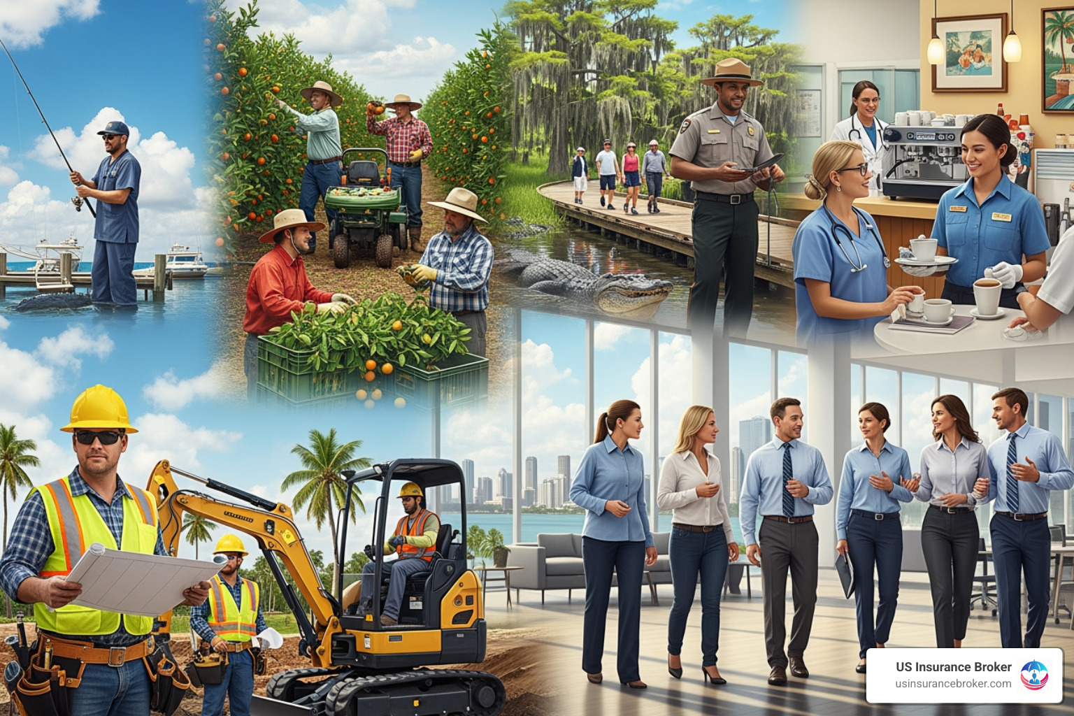 Diverse group of Florida workers including construction, office, and agricultural - how does workers compensation work in florida Diverse group of Florida workers including construction, office, and agricultural - how does workers compensation work in florida