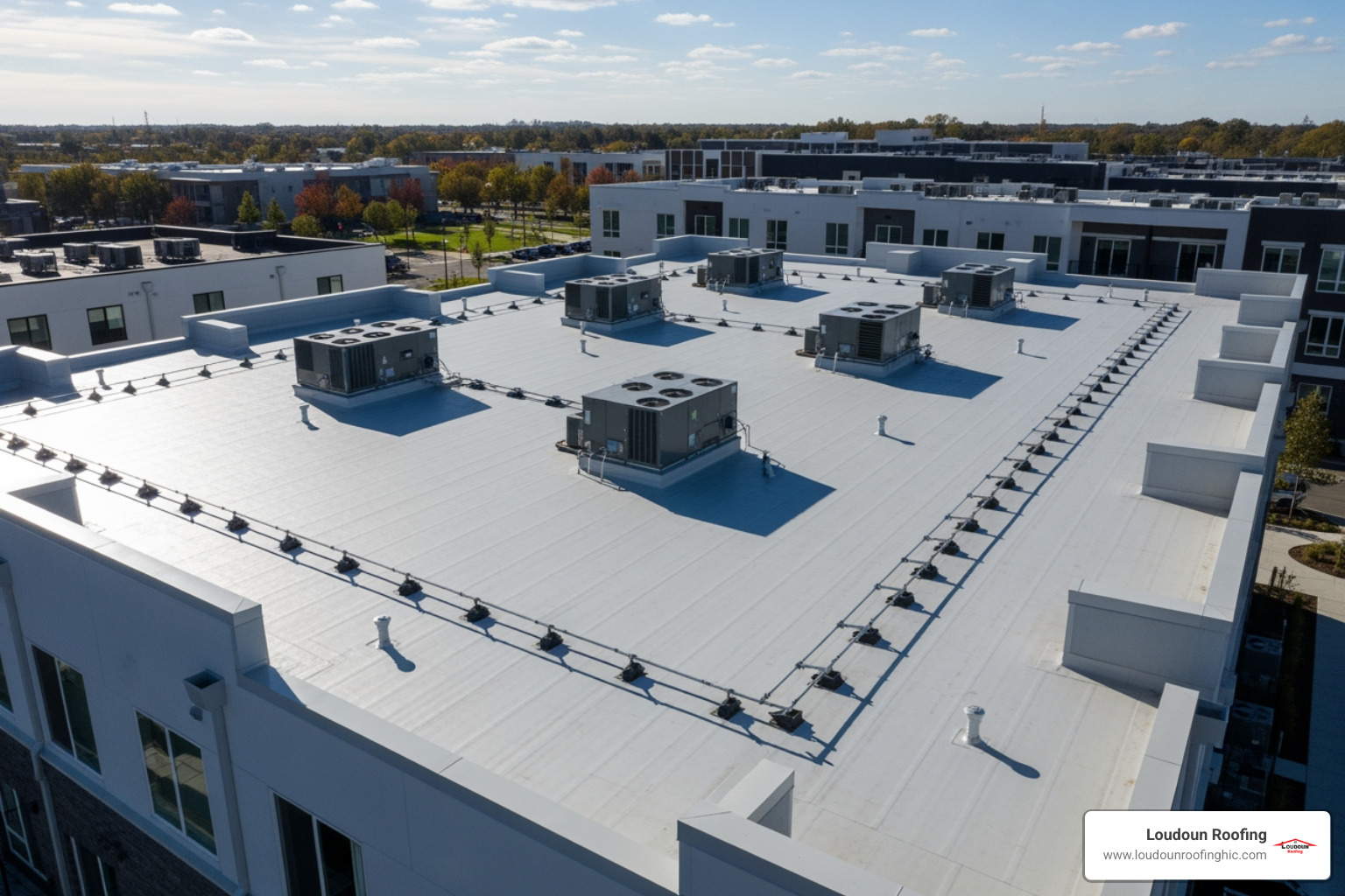 A sleek, modern low-slope TPO roof on an apartment building, featuring neatly arranged HVAC units and proper drainage - multi-family complex roofing