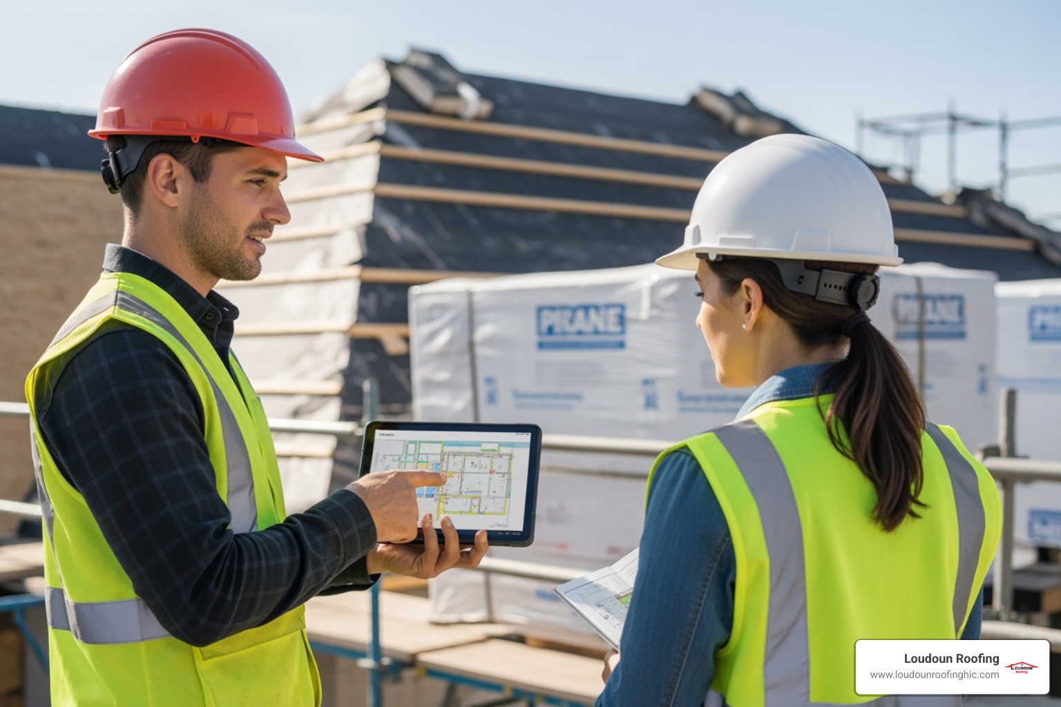 A professional roofer in a hard hat and safety vest showing a detailed project plan on a tablet to a property manager on a job site - multi-family complex roofing